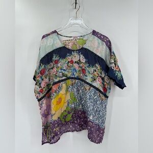 Johnny Was Women Silk Top Floral Patchwork Cap Sleeve Boho Flowy Festival size M